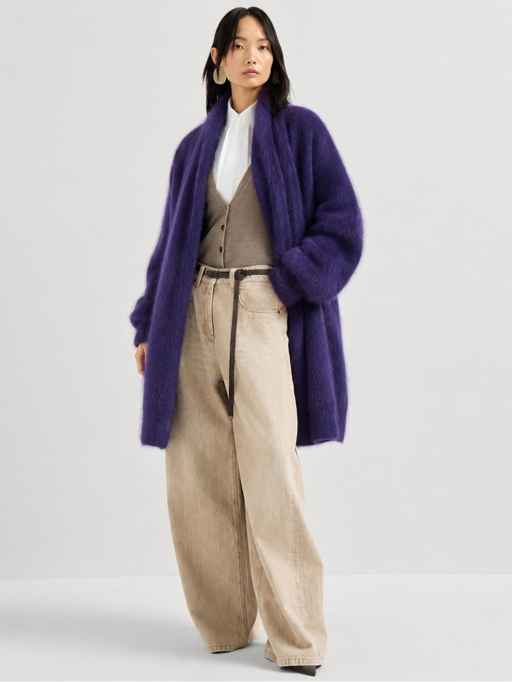 VTG Purple Angora Long Cardigan Coat Matching Scarf OS Like New Fluffy Cozy